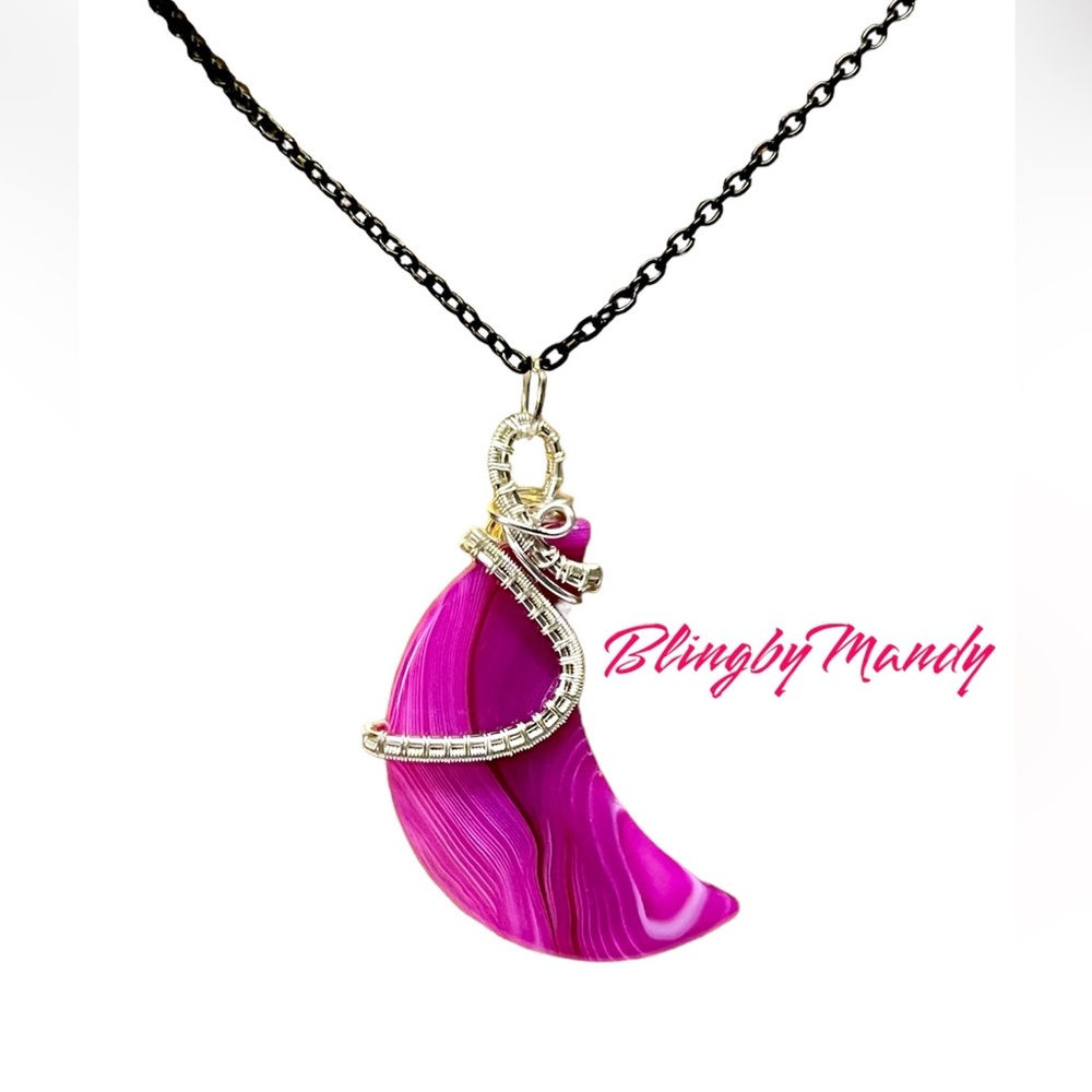 🌖Crescent Moon Wire wrapped pink agate pendant chain included